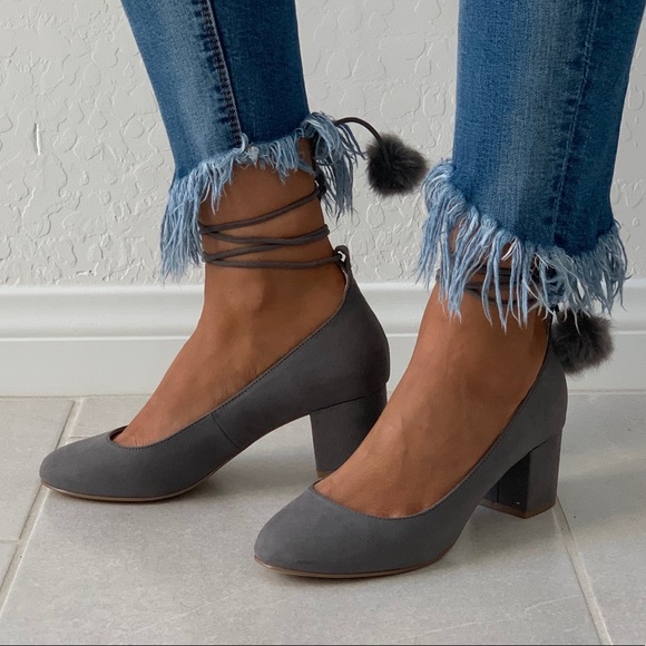 Ash Grey Chic Pom Pom Mary Jane Block Heel Pump - Picture 4 of 7